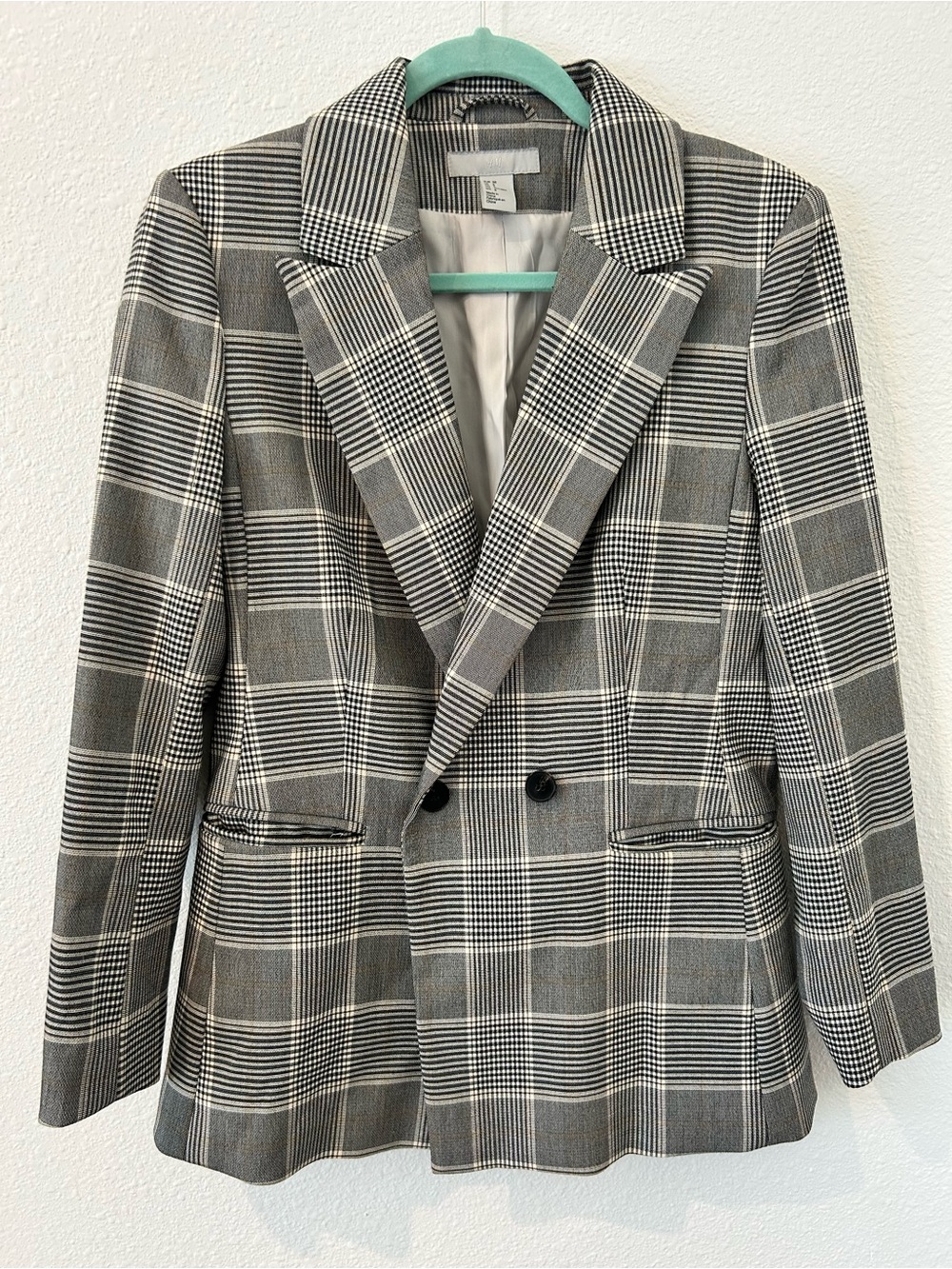Classic Gray Plaid Double-Breasted Blazer